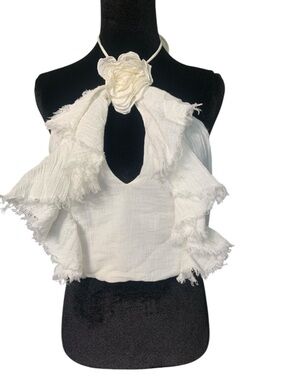 Zara White Ruffled Linen Blend Halter Crop Top Floral Neck Detail Feminine S